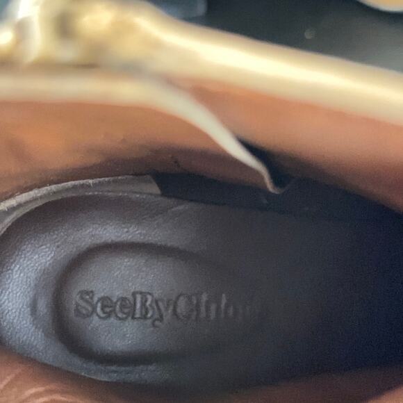 SEE BY CHLOE Hopper Leather Buckle Boots Block Heel Tan Brown Camel - Picture 9 of 9